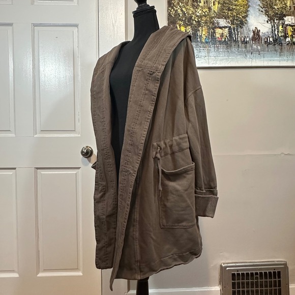 Free People Womens sz Large Brentwood Hooded Cardigan Jacket Olive Green Cotton - Picture 4 of 14